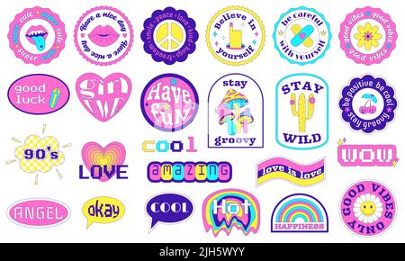 Cool Y2K Stickers Pack in geometric shapes. Text motivational, inspirational phrases and words. Trendy Cute Girly Patches collection acid weird surrea Stock Vector