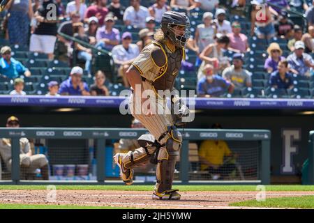 San Diego Padres catcher Jorge Alfaro takes a defensive look in the infield  during a baseball game against the Chicago Cubs Wednesday, June 15, 2022,  in Chicago. (AP Photo/Charles Rex Arbogast Stock
