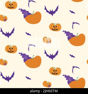 Pumpkins wearing witch hats with bats halloween seamless pattern with white background. Autumn october holiday paintings for decoration Stock Vector