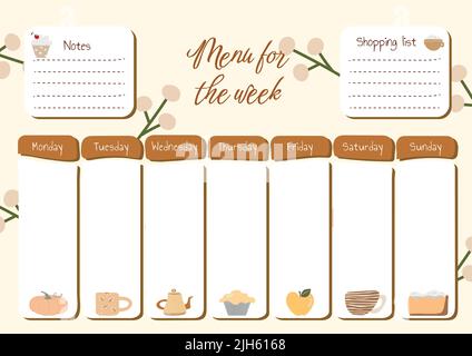 Daily shopping list in vector for every day meal menu. Food planner for healthy nutrition and diet Stock Vector