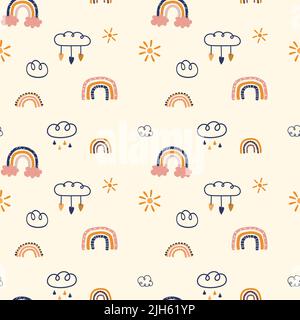 Autumn seamless pattern with cute rainbows, clouds and sun cartoon paintings. Happy fall drawings collection for decoration Stock Vector