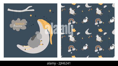 Sweet dreams sheep sleeping on moon vector illustration with clouds and text on blue background for kids postcards and decoration. Happy napping lamb Stock Vector