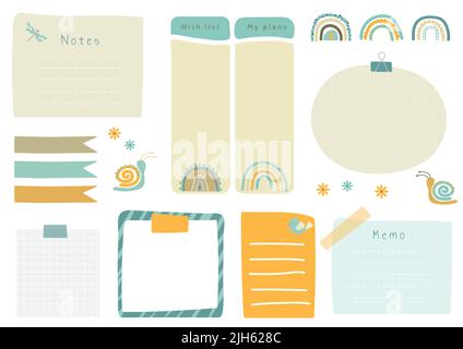 Printable planner template in vector with cartoon rainbow drawings for children with wish list and notes. Calendar organizer with ilustration Stock Vector