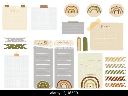 Printable planner template in vector with cartoon rainbow drawings for children with wish list and notes. Calendar organizer with ilustration Stock Vector