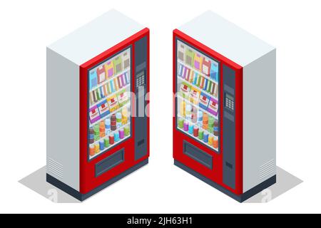 Isometric vending machines. Vending machines full of beverages and snacks Stock Vector
