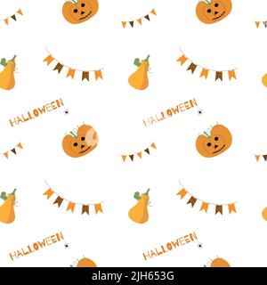 Pumpkins wearing witch hats with bats halloween seamless pattern with white background. Autumn october holiday paintings for decoration Stock Vector