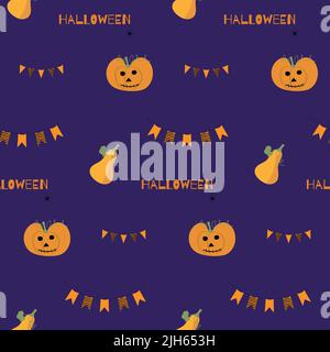 Pumpkins wearing witch hats with bats halloween seamless pattern with violet background. Autumn october holiday paintings for decoration and postcards Stock Vector