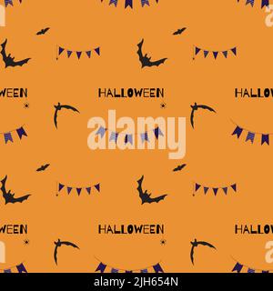 Halloween seamless pattern with bats, web spiders and text on traditional orange background. Autumn scary holiday paintings for decoration Stock Vector