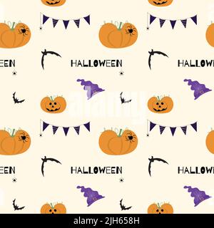Pumpkins wearing witch hats with bats halloween seamless pattern with white background. Autumn october holiday paintings for decoration Stock Vector