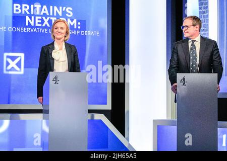 London, UK. 15th July, 2022. Liz Truss and Tom Tugendhat. All five Conservative Party Leadership Candidates, (left to right) Kemi Badenoch, Penny Mordaunt, Rishi Sunak, Liz Truss and Tom Tugendhat and candidates to become the next Prime Minister of the UK take part in a debate and q&a moderated by Krishan Guru-Murthy of Channel 4. Credit: Imageplotter/Alamy Live News Stock Photo
