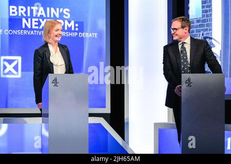 London, UK. 15th July, 2022. Liz Truss and Tom Tugendhat. All five Conservative Party Leadership Candidates, (left to right) Kemi Badenoch, Penny Mordaunt, Rishi Sunak, Liz Truss and Tom Tugendhat and candidates to become the next Prime Minister of the UK take part in a debate and q&a moderated by Krishan Guru-Murthy of Channel 4. Credit: Imageplotter/Alamy Live News Stock Photo