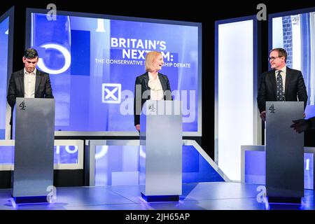 London, UK. 15th July, 2022. All five Conservative Party Leadership Candidates, (left to right) Kemi Badenoch, Penny Mordaunt, Rishi Sunak, Liz Truss and Tom Tugendhat and candidates to become the next Prime Minister of the UK take part in a debate and q&a moderated by Krishan Guru-Murthy of Channel 4. Credit: Imageplotter/Alamy Live News Stock Photo