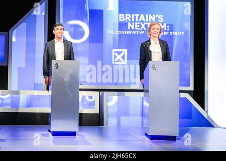 London, UK. 15th July, 2022. All five Conservative Party Leadership Candidates, (left to right) Kemi Badenoch, Penny Mordaunt, Rishi Sunak, Liz Truss and Tom Tugendhat and candidates to become the next Prime Minister of the UK take part in a debate and q&a moderated by Krishan Guru-Murthy of Channel 4. Credit: Imageplotter/Alamy Live News Stock Photo