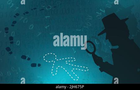 Cyberspace detective shadow figure crime scene chalk outline, blue color, virtual reality abstract 3d illustration, horizontal Stock Photo