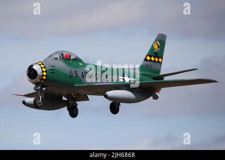 Fairford, UK, 14th July 2022, An US Air Force North American F86A Sabre fighter in special livery arrives for the RIAT Royal International Air Tattoo, which will be held from Friday, 15th to Sunday 17th of July. Stock Photo