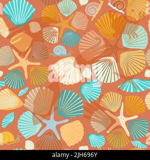 pattern of multicolored snails and starfish, shells without background Stock Vector