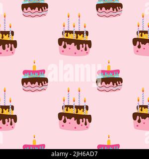 Happy holiday baked cakes with candles vector seamless pattern Stock Vector