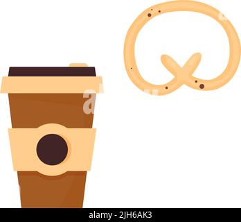 Cartoon pretzel and coffee cup seamless pattern on white background Stock Vector
