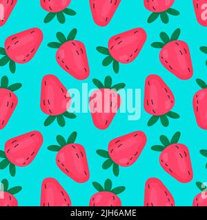 Cartoon strawberries seamless pattern on blue background Stock Vector