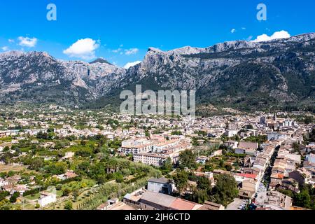 Aerial view, old town of Soller, with church of St. Bartholomew, Roman Catholic parish church, Soller, mountains at the back, Serra de Tramuntana Stock Photo