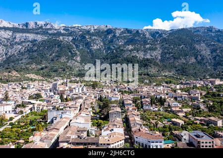 Aerial view, old town of Soller, with church of St. Bartholomew, Roman Catholic parish church, Soller, mountains at the back, Serra de Tramuntana Stock Photo