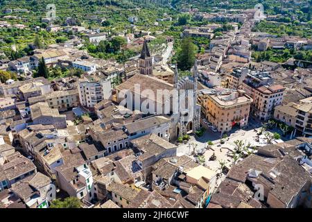 Aerial view, old town of Soller, with church of St. Bartholomew, Roman Catholic parish church, Soller, mountains at the back, Serra de Tramuntana Stock Photo