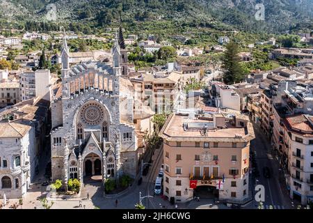 Aerial view, old town of Soller, with church of St. Bartholomew, Roman Catholic parish church, Soller, mountains at the back, Serra de Tramuntana Stock Photo