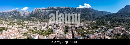 Aerial view, old town of Soller, with church of St. Bartholomew, Roman Catholic parish church, Soller, mountains at the back, Serra de Tramuntana Stock Photo