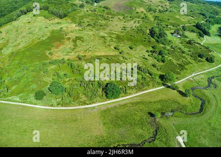 Aerial view of green countryside road on a sunny day. Breathtaking nature landscape of an empty roadway winding through forest trees, bushes and lush Stock Photo