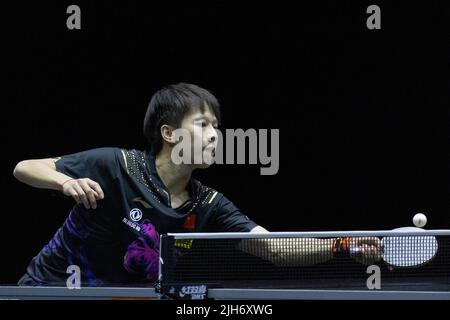 Budapest. 15th July, 2022. China's Lin Gaoyuan competes during the men's singles quarterfinal match against China's Ma Long at the World Table Tennis Star Contender European Summer Series 2022 in Budapest, Hungary on July 15, 2022. Credit: Attila Volgyi/Xinhua/Alamy Live News Stock Photo