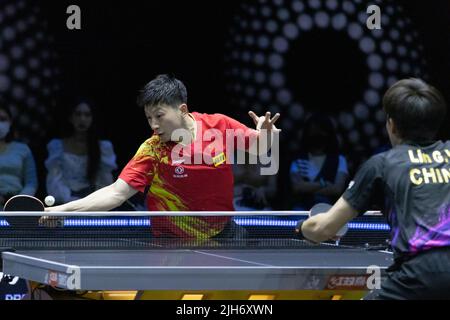 Budapest. 15th July, 2022. China's Ma Long (L) competes during the men's singles quarterfinal match against China's Lin Gaoyuan at the World Table Tennis Star Contender European Summer Series 2022 in Budapest, Hungary on July 15, 2022. Credit: Attila Volgyi/Xinhua/Alamy Live News Stock Photo