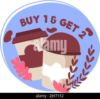 Offer in cafe, buy one get two cups of coffee Stock Vector