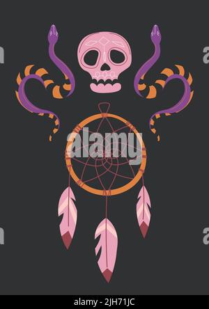 Magic card, dreamcatcher with snakes and skull Stock Vector