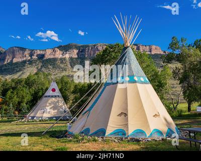 Sunny view of Tipi with beautiful landscape at Cody, Wyoming Stock Photo