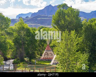 Sunny view of Tipi with beautiful landscape at Cody, Wyoming Stock Photo