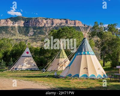 Sunny view of Tipi with beautiful landscape at Cody, Wyoming Stock Photo