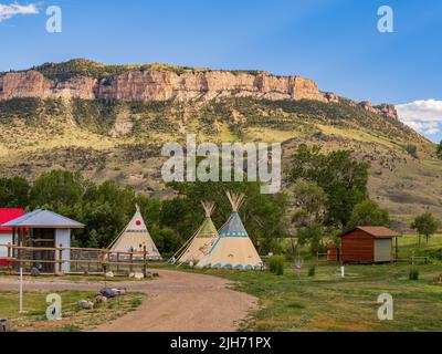 Sunny view of Tipi with beautiful landscape at Cody, Wyoming Stock Photo