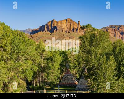 Sunny view of Tipi with beautiful landscape at Cody, Wyoming Stock Photo