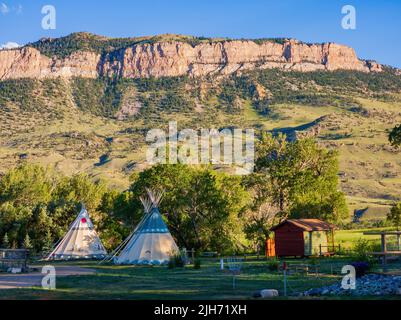 Sunny view of Tipi with beautiful landscape at Cody, Wyoming Stock Photo