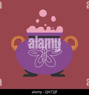 Magic potion brewing in cauldron, enchantment Stock Vector