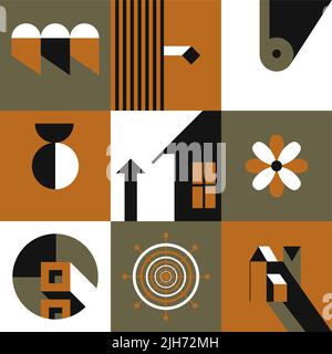 Abstract squares with prints, grids mid century Stock Vector