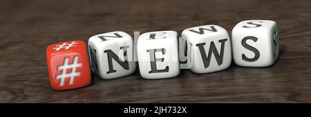Red hashtag dice and white dices with the word 'NEWS' on wooden underground Stock Photo