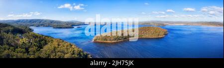 Wide aerial panorama over Myall lake in National park of Australia - popular holiday destination for camping and fishing on Pacific coast. Stock Photo