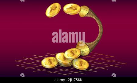 BTC and USD coins transferred through the pipe on red background. Concept of converting Bitcoin to Dollars. Vector illustration. Stock Vector