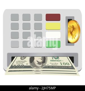 ATM panel with slots for depositing BTC Bitcoin and receiving cash in paper dollars USD. Concept of exchanging Bitcoin coins for cash Dollars. Vector Stock Vector