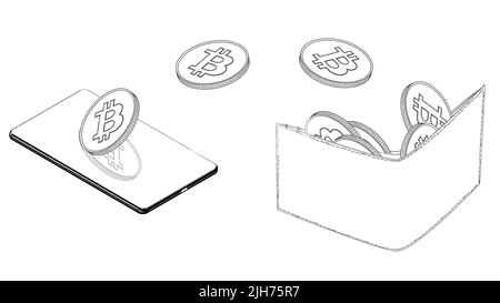 Isometric contour concept of transferring bitcoin btc cryptocurrency to wallet using cell phone isolated on white background. Vector illustration. Stock Vector