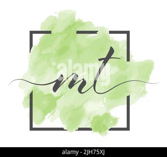 Calligraphic lowercase letters M and T are written in a solid line on a colored background in a frame Stock Vector