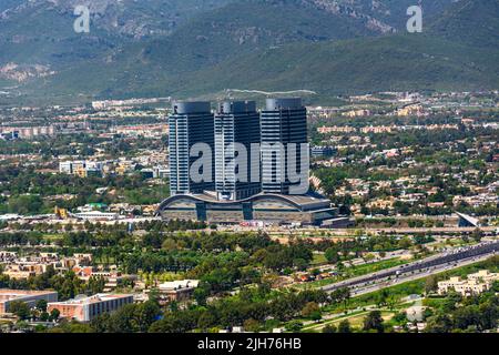 aerial vew of  islamabad , bird eye view of capital city , cityscape photography , faisal masjid, pakistan ,The Centaurus Mall Stock Photo