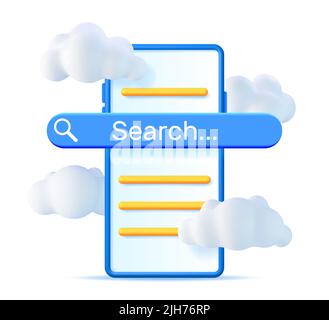 3D Smartphone with Search Bar in Clouds Isolated. Stock Vector