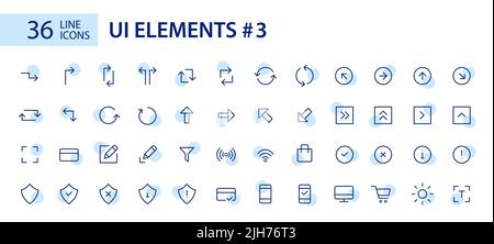 Simple line art UI elements icons set. Arrows, shopping, new file. Pixel perfect, editable stroke Stock Vector